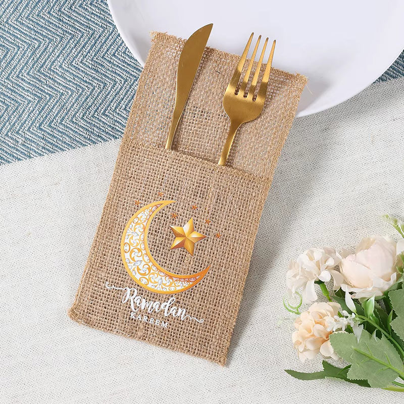 Lot de 5 Pochettes à Couverts en Jute – Ramadan Kareem